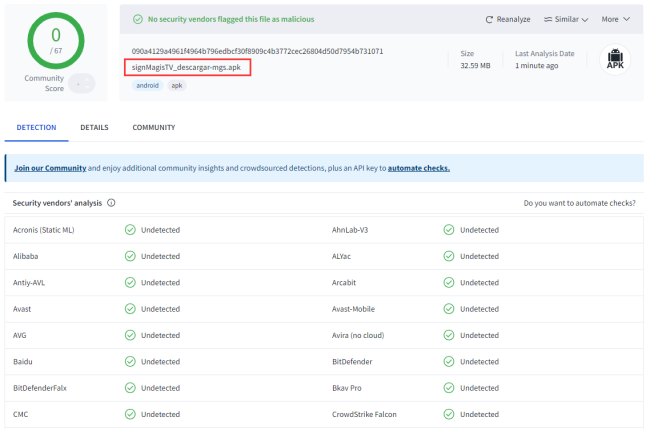 Captura de resultados de la prueba de seguridad en Virustotal